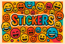 multi coloured poster that says "stickers" surrounded by laughing faces