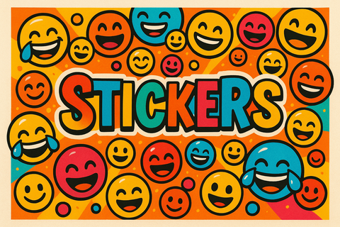 multi coloured poster that says "stickers" surrounded by laughing faces